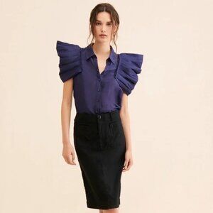 Aureta - Anthropologie Puff Statement Sleeve Navy Collared Blouse Top Silk Linen